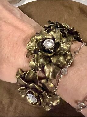 Gold-tone  Floral Cuff Bracelet with Clear Crystals